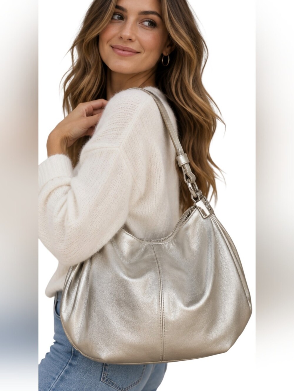 Cole Haan Metallic Silver Leather Hobo Shoulder Bag